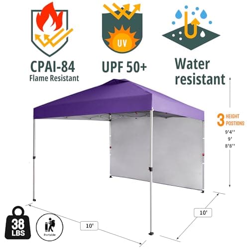 CROWN SHADES 10x10 Pop Up Canopy with 1 Side Wall - Beach Tent with One Push Setup - Outdoor Sun Shade for Events, Parties, Camping - Gazebo with STO-N-Go Cover Bag (Purple)