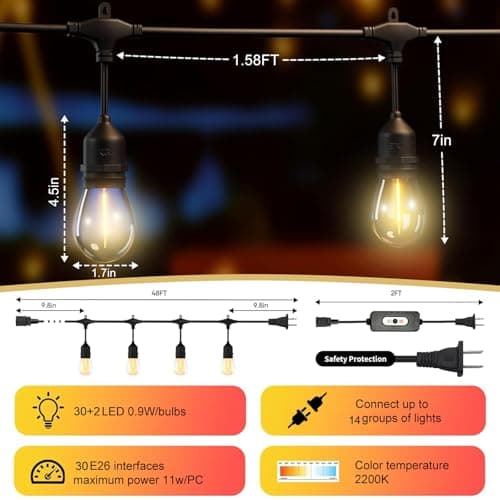 50FT Outdoor String Lights Waterproof with 30+2 Bulbs(𝟏.𝟓𝐅𝐓 𝐁𝐮𝐥𝐛𝐥𝐬 𝐒𝐩𝐚𝐜𝐢𝐧𝐠), Remote & Dimmer, Commercial Grade Patio Lights with 3 Mode Light & Timing,100PC Ties for Outside