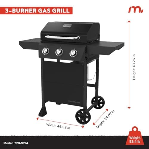 3-Burner Propane Gas Grill with Side Tables, 30,000BTUs, 429.81 SQ. In. Cooking Space, 2 Wheel Transport, Outdoor Kitchen Grill for BBQs, Backyards, Tailgating, and More - 720-1094