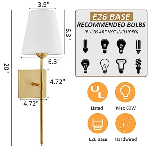 Wall Sconces Sets of 2, White Fabric Shades Wall Sconces, Hardwired Retro Industrial Wall Lamps, Bathroom Vanity Sconces Wall Lighting, Wall Mounted Lamps for Bedroom Living Room Kitchen Mirror