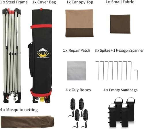 CROWN SHADES 11x11 Pop Up Gazebo, Patented One Push Outoor Canopy Tent with Wheeled STO-N-Go Cover Bag, Pop Up Canopy with Netting for Patio, Backyard (11x11, Beige & Coffee)