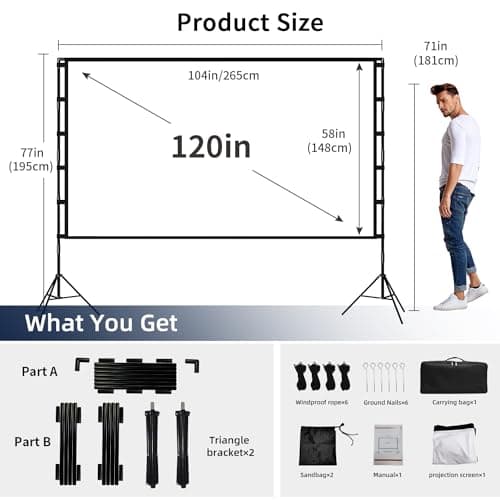 Projector Screen and Stand, Wootfairy 120 inch Foldable and Portable Projection Screen 16:9 4K HD Rear Front Wrinkle-Free Movie Screen with Carry Bag for Indoor Outdoor Home Theater Backyard Cinema
