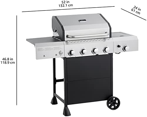 Amazon Basics Freestanding Gas Grill with Side Burner, 4 Burner (52,000 BTU), Black