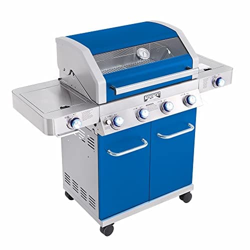 Monument Grills Larger 4-Burner Propane Gas Grills Stainless Steel Cabinet Style with Clearview® Lid, Knob Controls, Built-In Thermometer, Infrared Side Sear Burners & Side Burners, Blue