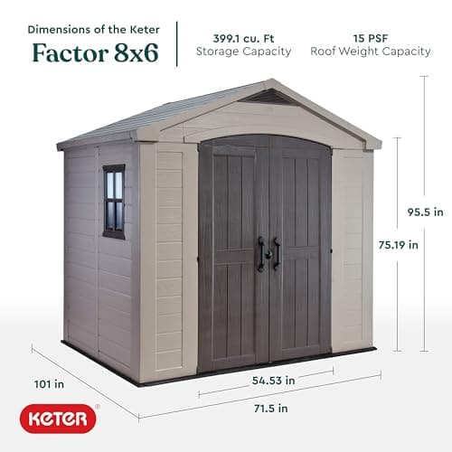 Keter Factor 8x6 Large Resin Outdoor Storage Shed for Patio Furniture, Lawn Mower, Garden Accessories Yard Tools, and Pool Toys, Taupe