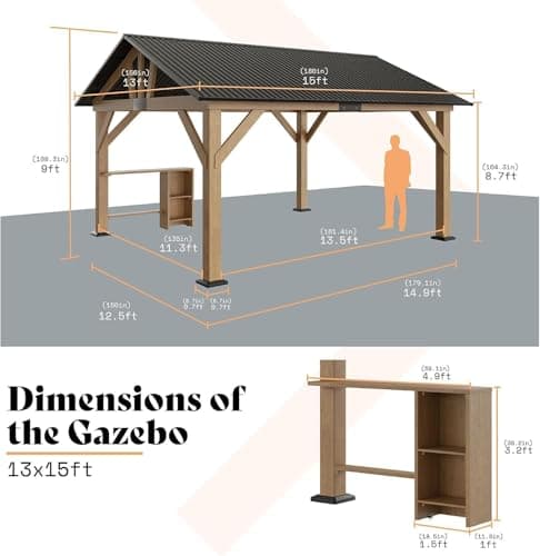 13x15 ft Wood Gazebo, Hardtop Pergola with Steel Gable Roof, Outdoor Gazebo with Guest House for Garden, Porch, Patio, Black + Natural Wood