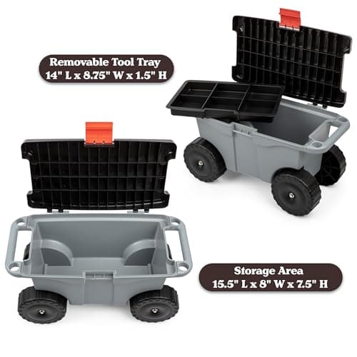 Pure Garden Rolling Garden Cart with Seat - Plastic Storage with Bench and Interior Tool Tray - Gardening Stool for Weeding and Planting (Gray)