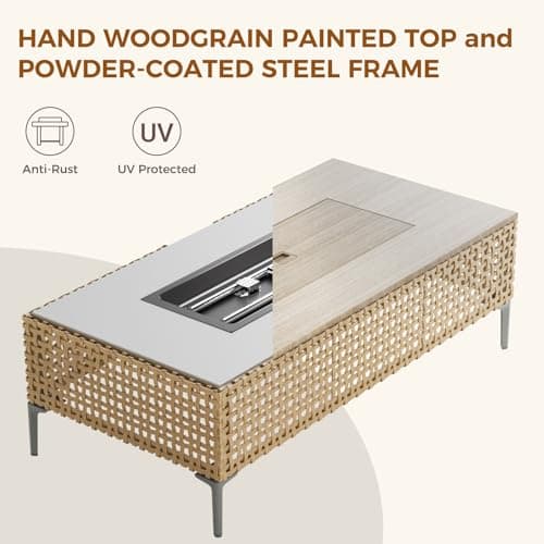 Grand patio 9-Piece Patio Furniture Set with 47" Fire Pit Table, Outdoor Conversation Set & 50,000 BTU 47 Inch Rectangle Propane Fire Pit & Storage Box with Water Resistant Thick Cushions, Beige