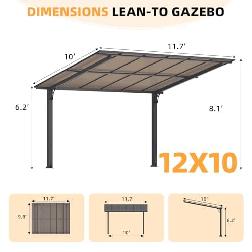 AECOJOY 12' x 10' Gazebo, Outdoor 10x12 Pergola Carport for Patio, Freestanding Lean to Hardtop Gazebo, Pergolas and Gazebos Clearance with Roof, Wall-Mounted Heavy Duty Metal Awnings for Patio, Decks