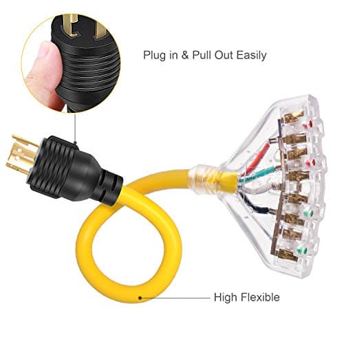 30 Amp to 110 Adapter Generator Power Cord, 4 Prong 30 Amp to 15 Amp Generator Adapter, Nema L14-30P Male to 4X 5-20R Female with Dust Protection Caps, 1.5 FT