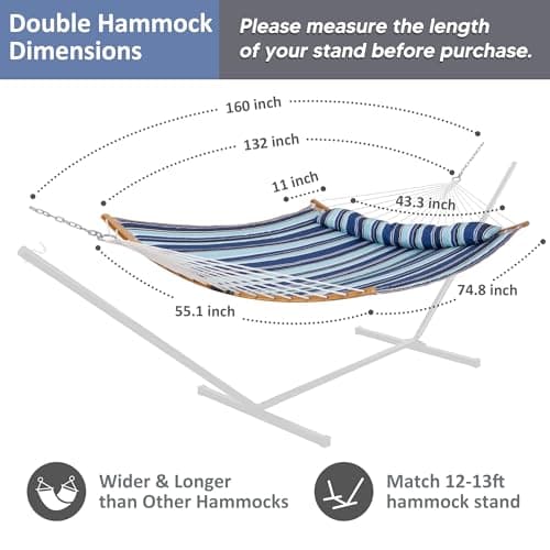 SUNCREAT Portable Hammock with Carrying Bag, 2 Person Hammock with Curved Spreader Bar, Blue Stripes