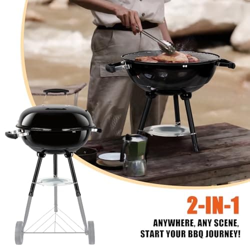 18 Inch Kettle Charcoal Grill, Leonyo Outdoor Barbecue Kettle Grill, Portable Round Smoker with Wheels, Porcelain-Enameled Lid & Fire Bowl, Perfect for Camping/Backyard/Tabletop Cooking/BBQ Party