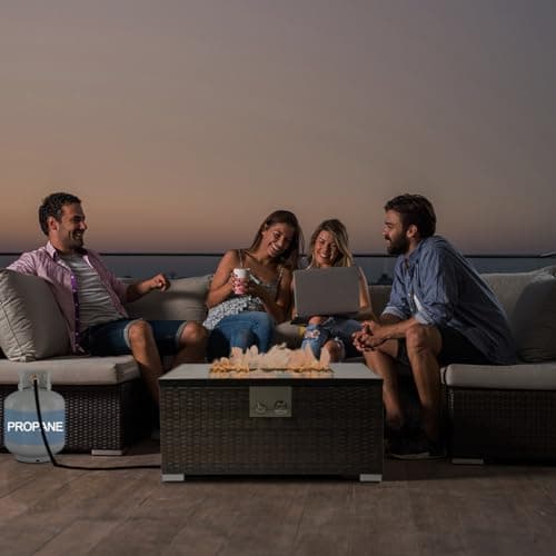 32'' Fire Pit Table with Natural Gas Conversion Kit, Marble Textured Ceramic Tabletop, 50,000 BTU Fire Table with Brown Wicker, Rectangle, Tank Required to Be Kept Outside.