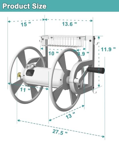 Outdoor Wall Mounted Hose Reel with Hook, Garden Heavy-Duty Water Hose Holder Winder with 3.9 ft Leader Hose, Brass Fitting and Storage Basket for Yard, Holds 125 Ft of 5/8-Inch Hose, White