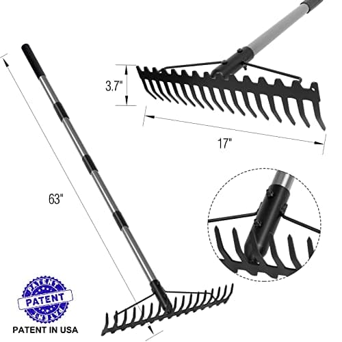 Walensee 5.4FT Bow Rake Heavy Duty Garden Rake with Stainless Steel Handle, 17 Steel Tines Garden Tool for Loosening Soil Gathering Leaf Leveling Lawn Farming Land Management Yarn Thatch Rakes