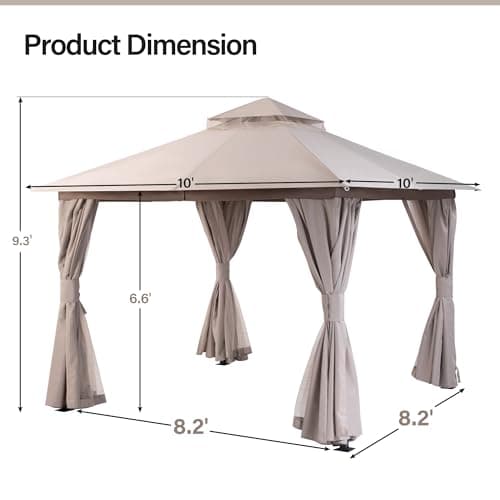 LAUSAINT HOME Outdoor Patio Gazebo 10'x10' with Expansion Bolts, Heavy Duty Party Tent & Shelter with Double Roofs, Mosquito Nettings and Privacy Screens for Backyard, Garden, Lawn, Champagne Khaki