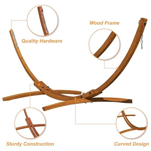 Lazy Daze Hammocks 10.5 FT Outdoor Arc Wood Hammock Stand, 2 Person Russian Pine Hardwood Hammock Stand with Carabiners and Chains, for Outdoor Patio Garden Poolside, 300lb Capacity,Brown