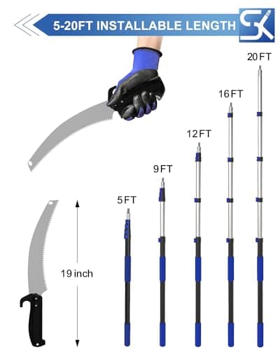 26FT Reach Pole Saws for Tree Trimming, Manual Pruning Pole Saw with 5-20FT Telescoping Extension Pole, Tree Pruner Tree Trimmer with 19" 3X Detachable Saw for Yard Garden Trees Palms Shrubs