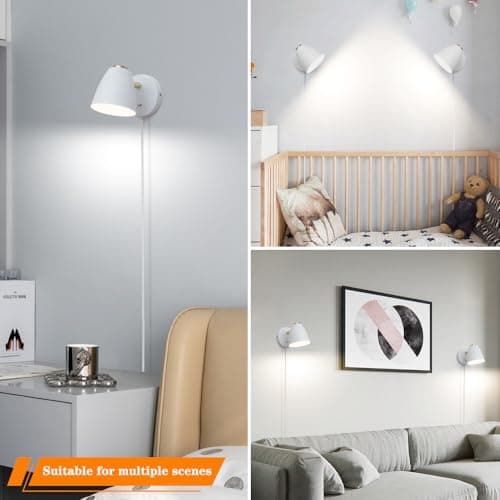 Modern Plug in Wall Light, Adjustable Angle 100°&330°White Plug in Wall Sconce, 3 Color Changeable Indoor Sconce Small Wall Mounted Reading Light, LED Wall Lamp as Kid Room Living Room Bedroom