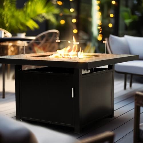 42-Inch Square Propane Gas Fire Pit Table: 50,000 BTU Aluminum Slat Top w/Lid, Stainless Steel Burner, Windguard, 8KG Glass Beads, 300D PVC Cover, CSA-Listed