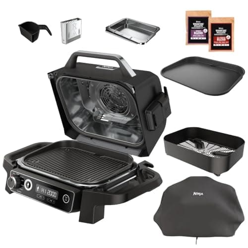 Ninja OG705CO 7-in-1 Outdoor Electric Grill & Smoker - Grill, BBQ, Air Fry, Roast & Dehydrate - Uses Woodfire Pellets - Portable & Weather Resistant, Black