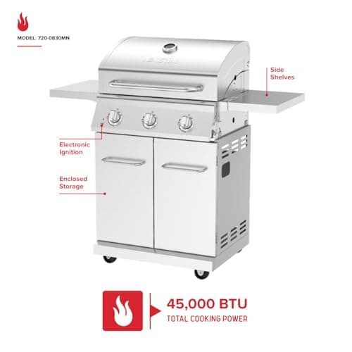 Nexgrill Stainless Steel 3-Burner Propane Gas Grill w/Foldable Side Shelves, 40,500BTUS, 591.05 sq. in. Cooking Area, Perfect for Outdoor Cooking & Grilling, BBQs, Backyard, Tailgating, 720-0830MN