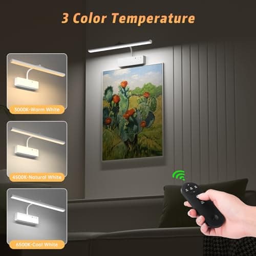 Picture Light with Remote, 15.35inch Wireless Rechargeable Battery Wall Light for Paintings, 3 Colors Paintings Light Dimmable and Timer Metal Art Light for Display, Wall, Artwork, Gallery (White)