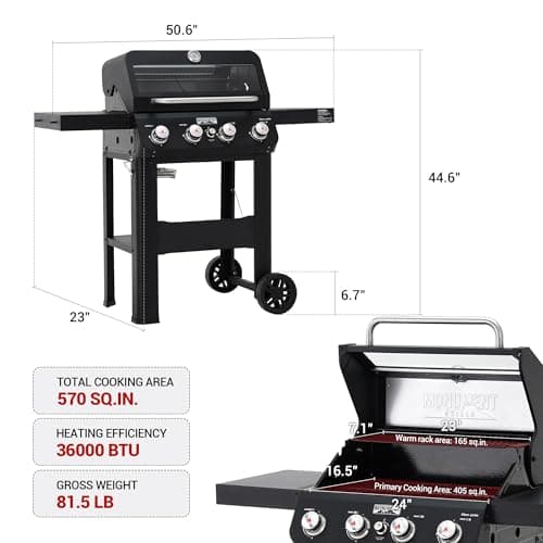 Monument Grills 4-Burner Liquid Propane Gas Grill, Matte Black Stainless Steel Burner Grill with Clearview® Lid and One Foldable Shelf for Outdoor Cooking Kitchen Patio Backyard Barbecue, Mesa420MF