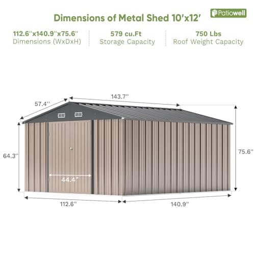 Patiowell 10 x 12 FT Metal Storage Shed for Outdoor, Steel Yard Shed with Design of Lockable Doors, Utility and Tool Storage for Garden, Backyard, Patio, Outside use,Brown
