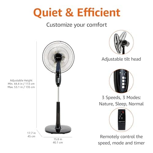 Amazon Basics 16" Pedestal Fan with Remote, Floor Fan, Standing Fan for Bedroom, Living Room, Office, with 3 Speeds, 3 Modes, Timer, Dual-Layered Blades, Adjustable Height, Tilt Head, 60W, Black