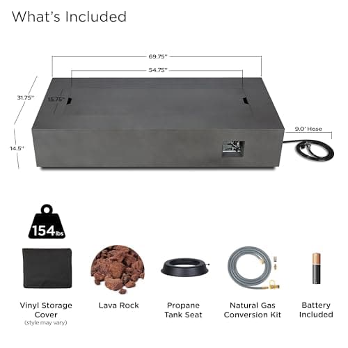 Real Flame Aegean 70in Rectangle Propane or Natural Gas Fire Pit Table, 65,000 BTU, Powder-Coated Steel, Push-Button Ignition, CSA Certified, Lava Rock, Storage Cover, Stainless Steel Burner with Lid