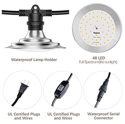 Espird Outdoor LED Grow Lights for Greenhouse 6-Light Waterproof String Grow Light, Full Spectrum LED Plant Grow Light Lamp, Waterproof Greenhouse Grow Lights for Seedling, Veg, Flower