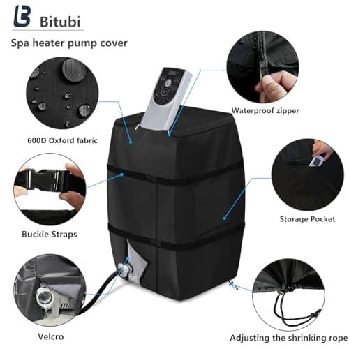 Bitubi Hot Tub Spa Heater Pump Winter Cover, Waterproof Heavy Duty Hot Tub Insulated Pump Cover with Plush Lining for Most Inflatable Hot Tub Spa Heater Pump on Market (Black,Cover only)