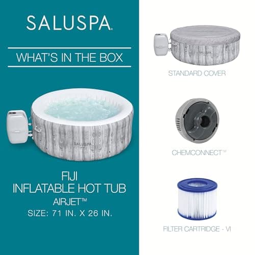 Bestway 2-4 Person SaluSpa Fiji Signature AirJet Inflatable Hot Tub Spa, 71" x 26" Round Portable Spa with 120 Soothing Jets and Insulated Cover