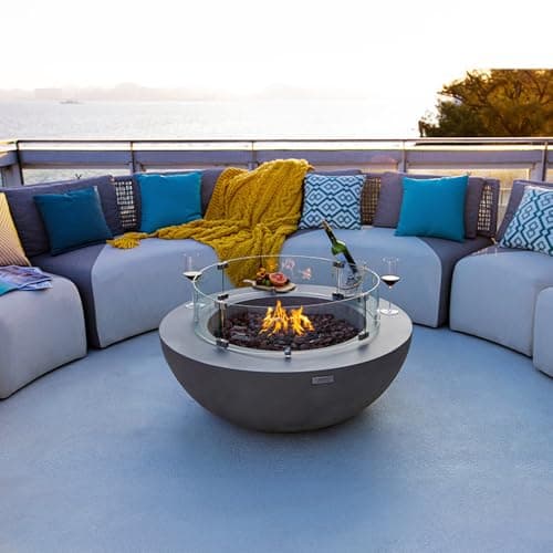 Elementi Lunar Fire Bowl Outdoor Fire Pit Table 42 Inches Round Firepit Concrete Patio Heater Electronic Ignition Backyard Fireplace Cover Lava Rock Included Liquid Propane