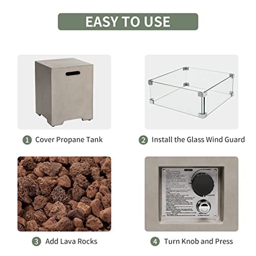 COSIEST 35-inch Square Outdoor Sandstone Propane Fire Pit w Wind Guard and Side Table, CSA Certified, 50,000 BTU Stainless Steel Burner, Free Lava Rocks and Rain Cover, Metal Lid(Gray)