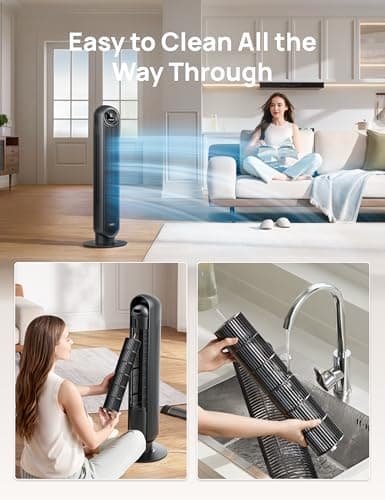 Dreo Tower Fan for Bedroom, 25ft/s Velocity 28dB Quiet Floor Fan, 90° Oscillating Fans for Indoors with 4 Speeds, 4 Modes, 8H Timer, Bladeless Standing Fan, Black, Nomad One (DR-HTF007)