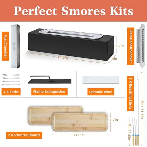 Tabletop Fire Pit with Smores Kit, Table Top Firepit Smores Maker, Portable Outdoor Fireplace Tabletop, Decor Home Patio Gifts for Women Mom Him Men - Mothers Day White Elephant Unique Gift, Black