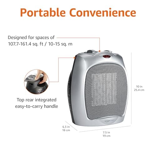 Amazon Basics Ceramic Space Heater, Portable Heater for Indoor Use, for Office and Home, With Overheat and Tip-Over Protection, Thermostat, Non-Oscillating, 1500W, Silver, 7.52"D x 6.34"W x 9.45"H