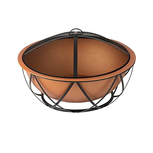 Fire Sense 62241 Fire Pit Barzelonia Copper-Look Wood Burning Lightweight Portable Outdoor Firepit Backyard Fireplace Camping Bonfire Included Screen Lift Tool & Cooking Grate - Round - 26"