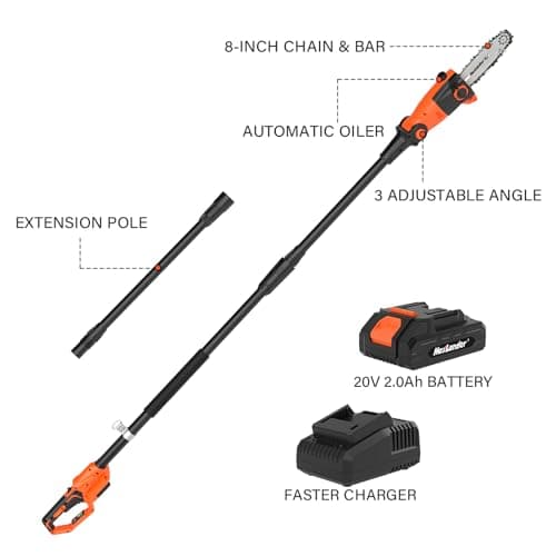 Pole Saw 8-Inch Cordless Pole Saws for Tree Trimming, 15-Feet MAX Reach Electric Pole Saw, 16ft/s Cutting Speed Auto Oiling Multi-Angle Pole Chainsaw with 2 x 20V 2.0Ah Battery & Charger