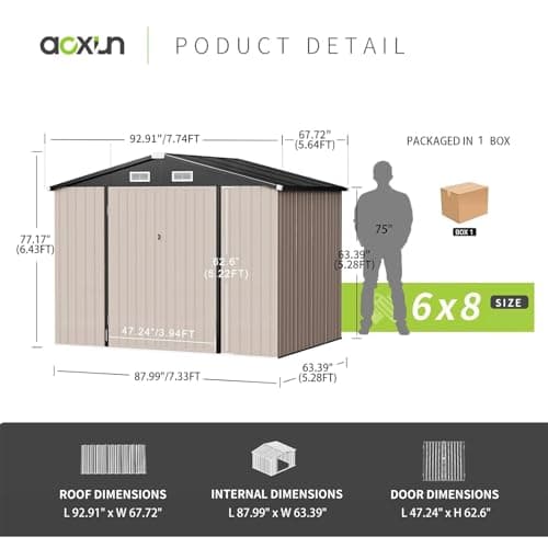 Aoxun 8’ x 6’ Outdoor Metal Storage Shed, Steel Utility Tool Shed Storage with Lockable Doors, Metal Sheds Outdoor Storage for Backyard, Garden, Lawn and Patio, Brown