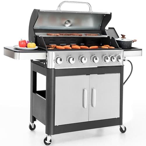 Sophia & William 6-Burner Propane Gas BBQ Grill with Side Burner & Porcelain-Enameled Cast Iron Grates, Stainless Steel Barbecue Grills Outdoor Cooking for Outside, 665 SQ.IN. Cooking Area, 65,800BTU