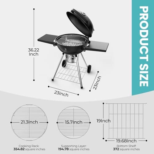 22 Inch Charcoal Grill with 2 Foldable Side Tables,Charcoal Kettle Grills with Wheels,Outdoor bbq Grill,Portable Charcoal Grill for Camping,Party,Backyard (Black)