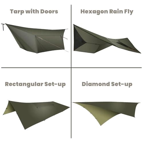 onewind 12×10 ft Hammock Tarp, Ultralight Tarp Silnylon Hammock Rain Fly Lightweight Waterproof Camping Tent Tarp with Doors, Easy to Setup with Stuff Sack, Tent Stakes, OD Green