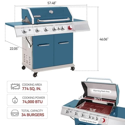 Royal Gourmet GA5403B 5 Burner Propane Gas Grill with Side Burner & Rear Burner, Cabinet Style Design BBQ Grill with 74,000 BTUs Output for Barbecue Grilling & Backyard Cooking, Blue
