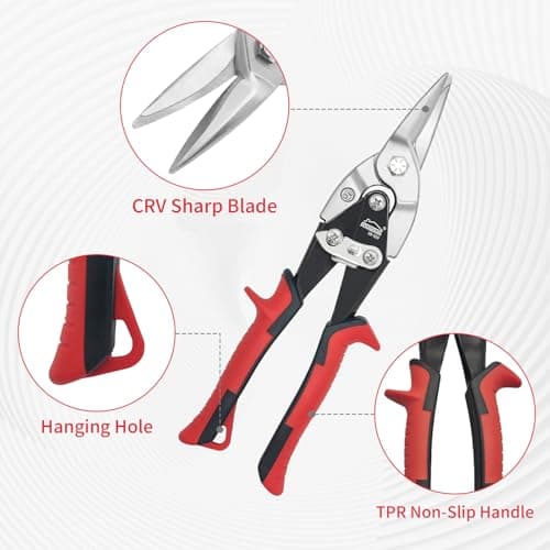 Aviation Snips, 10 Inch Tin Snips, Straight Cut, Heavy Duty Sheet Metal Cutter with Safety Lock and Non-slip Handle, CR-V Steel Sharp Teeth, Shears Scissors for Cutting Metal Sheet
