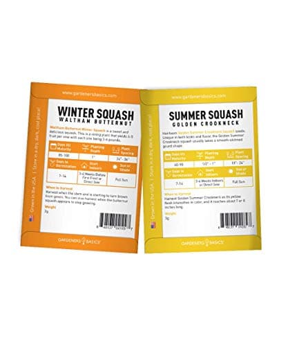 Gardeners Basics, Squash Seeds for Planting 5 Individual Packets - Zucchini, Delicata, Butternut, Spaghetti and Golden Crookneck for Your Non GMO Heirloom Vegetable Garden