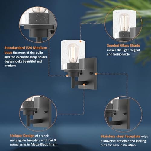 Set of 2 Wall Sconces Bathroom Light Fixture, 2 Pack Black Wall Light Seeded Glass Vanity Lighting Fixture, 4.375 Inch 1 Light Black Modern Wall Decor for Bathroom Living Room Farmhouse Dressing Room