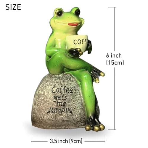 OwMell Frog Statue for Garden, Green Frog Figurine for Outdoor Decor Yard and Garden Decoration Resin Sculpture 6 Inches - Drinking Coffee
